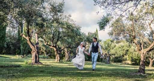Les mariés courent dans une allée d'oliviers